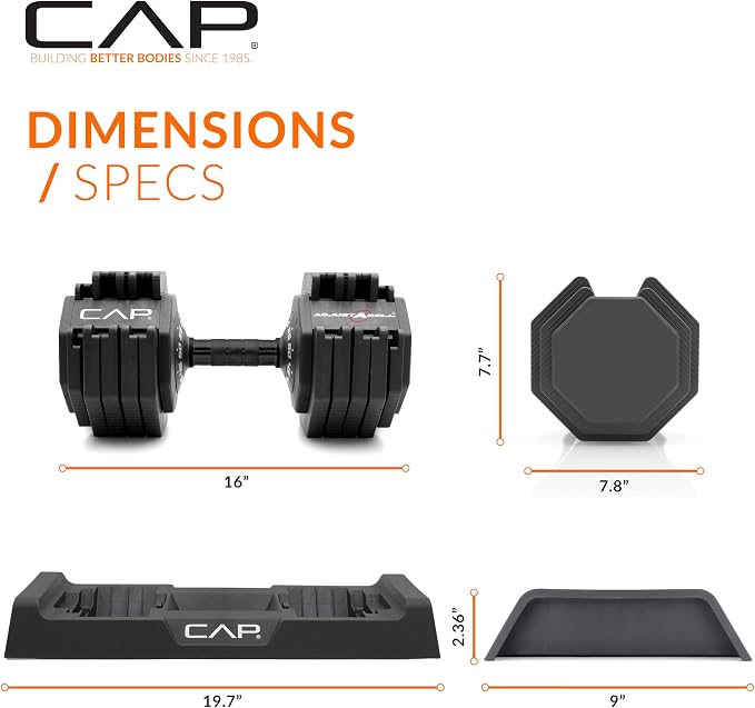CAP ADJUSTABELL Adjustable Dumbbell Set, Premium Quick Select Adjustable Weights for Strength Training, Singles & Pairs, 12.5 LB, 25 LB & 55 LB, Round & Hex Dumbbells, Multiple Grip Handle Options