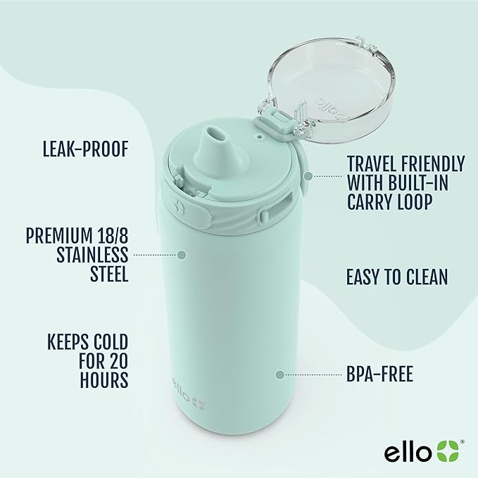 Ello Cooper 18oz Insulated Stainless Kids Water Bottle with Straw, Yucca | Leakproof kids water bottle with straw and carry handle. BPA-free, keeps drinks cold 23 hours, backpack friendly for school.