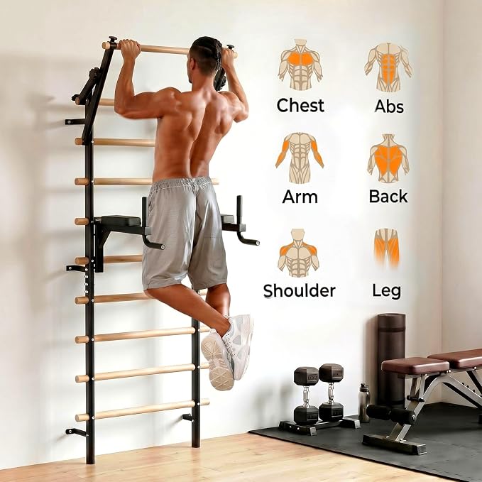 LIFERUN Swedish Ladder Wall Gym with Adjustable Pull-Up & Dip Bar | 92" Solid Beechwood, 264Lbs Capacity, Wall Mounted 9 Anchor Rods, Ideal for Home, School, Therapy & Gymnastics Training