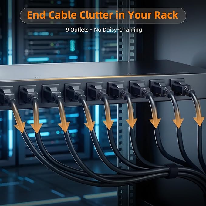 9 Outlet Rack Mount Power Strip with Individual Switches, PDU Surge Protector 15A 125V 1875W, 1U Server Rack Power Distribution Unit with Overload Protection and Power Monitoring, 6.5FT Cord