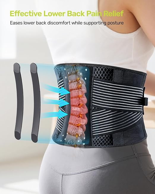 Rakiie Slim Back Brace for Lower Back Pain Relief, Lightweight & Breathable Back Support Brace for Men Women, Ergonomic Light Lumbar Support for Everyday Wear, Light Gray M