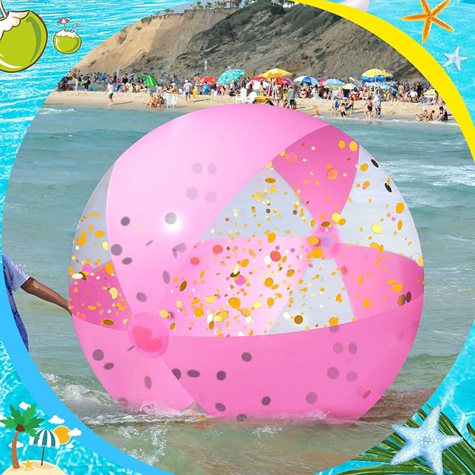 72 Inch Giant Pink Inflatable Beach Ball 6 ft Large Glitter Beach Ball UV Resistant Jumbo Swimming Pool Ball Clear Confetti Ball with a Repair Tape Floatable Ball for Swimming Beach Pool Party Decor