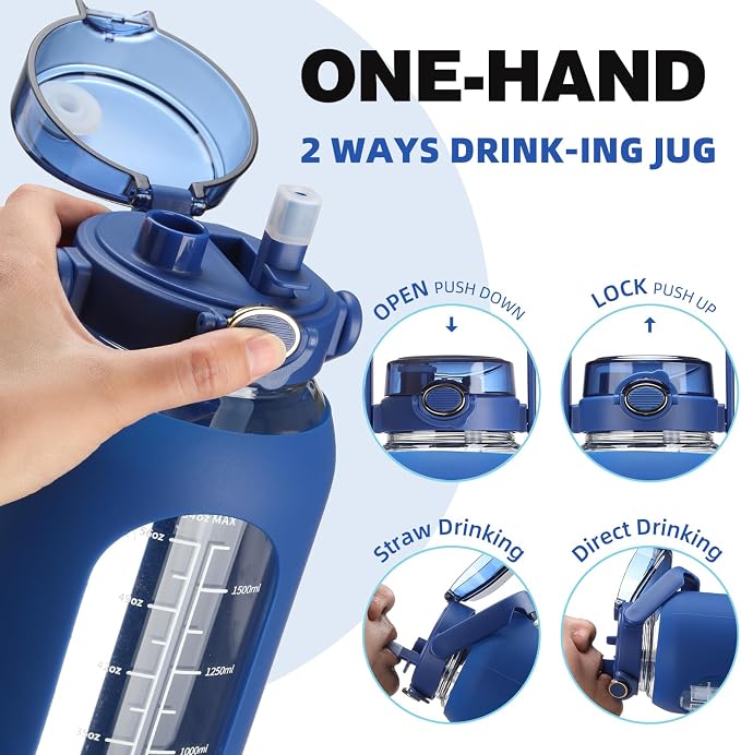 52 oz Glass Water Bottle with 2-in-1 Straw Lid Large Half Gallon Water Bottle with Time Marker & Removable Silicone Sleeve,Wide Mouth BPA-Free Borosilicate Bottle for Gym, Workout & Daily Use