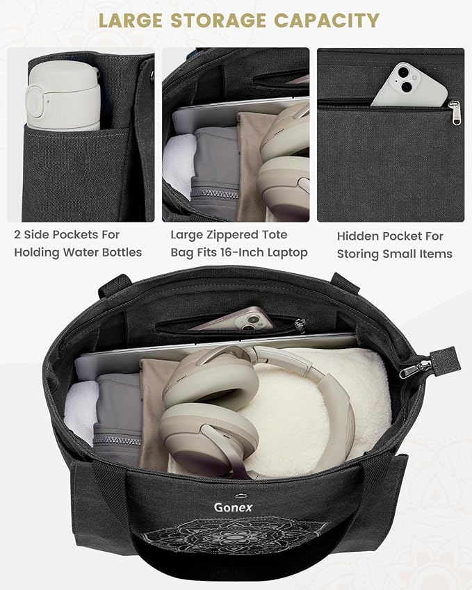 Gonex Yoga Mat Bag For Women Canvas Tote Pilates Gym Bag With Mat Carrier | Front-Opening Quick Access Mat Straps, Durable Cotton Canvas, Machine Washable, Bottle Holder Multi Pockets, Yoga Gym Travel