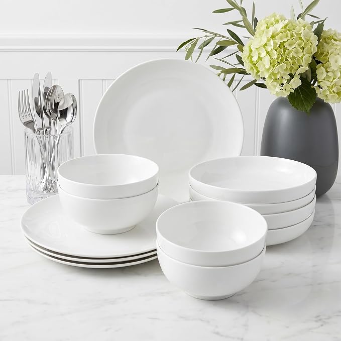 12-Piece New Bone China Dinnerware Set for 4, Lightweight White Plates & Bowls, Stackable, Microwave & Dishwasher Safe, 10" Dinner Plates, 8" Pasta Bowls & 6" Everyday Bowls