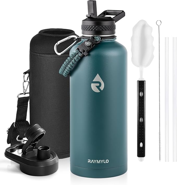 RAYMYLO Insulated Water Bottle 87 oz, Triple Wall Vacuum Stainless Steel | Cold for 48 Hrs), Leak Proof & Non-BPA, Modern Water Flask Jug with Paracord Handle & Straw Spout Lids, Dark Green