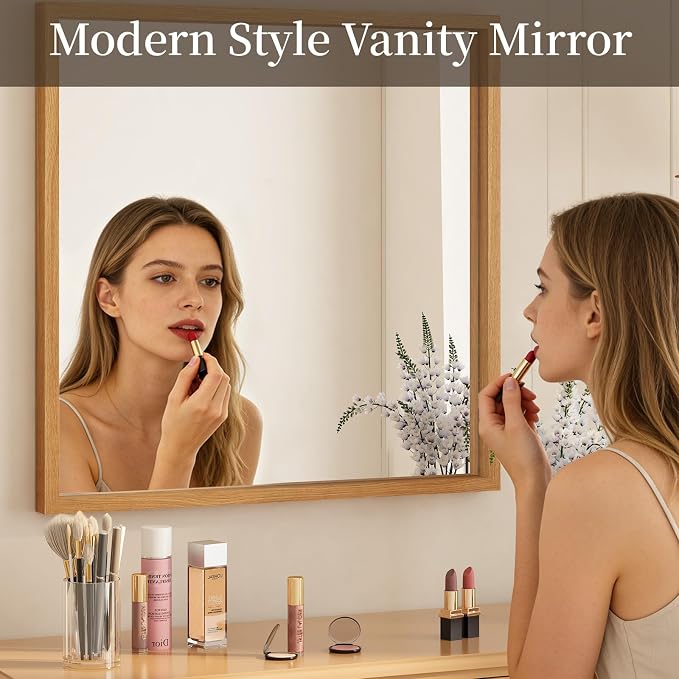 Syndra Square Natural Wood Frame Bathroom Mirror, 32''x32'' Modern Vanity Mirror for Wall, Waterproof Slim Deep Frame, HD Tempered Glass Mirror for Living Room, Bedroom, Entryway, Rustic, Farmhouse
