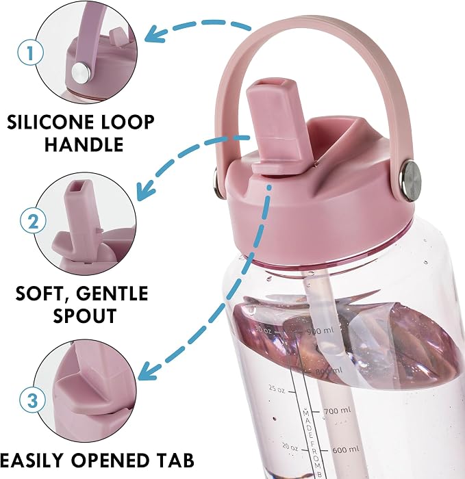 OLDLEY 32oz Water Bottle with Straw, Leakproof Tritan Clear Bottle with Marked Bottle and Carry Handle, BPA-Free Wide Mouth Reusable Sports Water Bottle for Gym,Hiking,Camping,Travel,Workout,Pink
