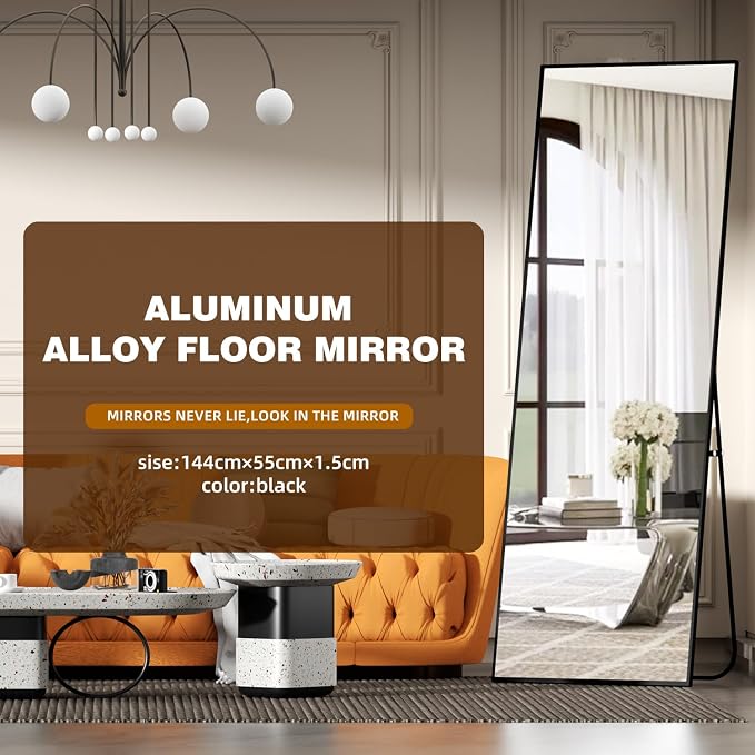 Full Length Mirror with Stand,Full Body Mirror for Living Room and Dressing Room,57"x20" Aluminum Alloy Frame,Hanging or Leaning for Wall,Rectangular, Black