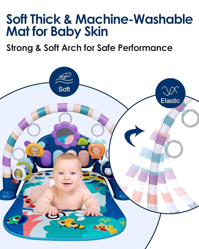 dearlomum Blue Tiger Baby Play Mat Gym with Piano & 2 Baby Book Toys | Tummy Time Activity Mat with 5 Infant Sensory Toys, Music and Lights, Boy & Girl Gifts for Newborns 0 to 3 6 9 12 Months