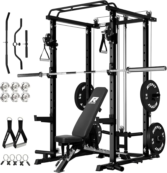 RitFit PPC-P3 Power Cage with Cable Crossover System, 1200LB Capacity | LAT Pulldown & Cable Crossover System with Bumper Plate Set, Olympic Barbell, Bench