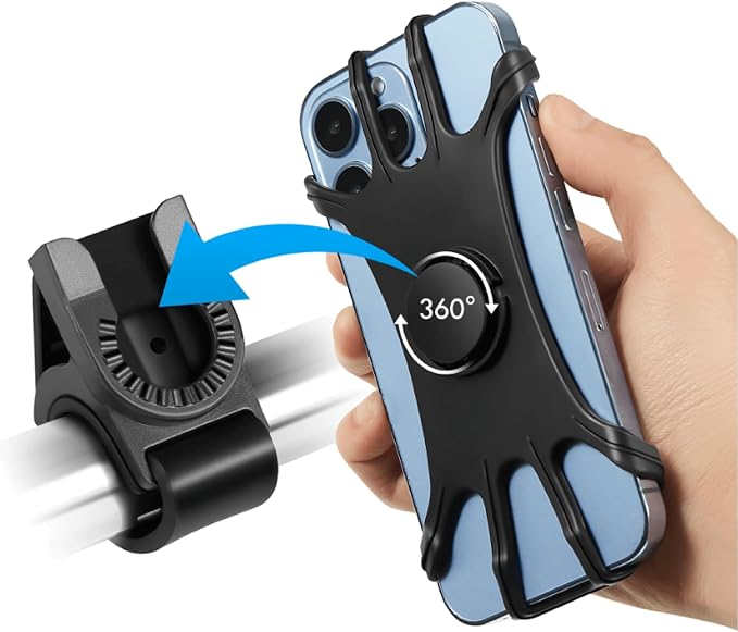 Bike Phone Mount - Universal Silicone Cellphone Holder - Adjustable Road Mountain Bicycle Handlebar Rack Clamp Accessories for iPhone 17 16 15 14 13 Pro Max Plus Air for Scooter Stroller