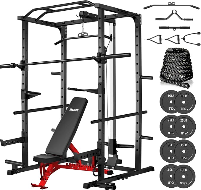 JEEKEE Power Rack with LAT Pulldown, 2000LBS Power Cage with Cable System, Multi-Function Squat Rack with J-Hooks, Safety Bars, Landmine, Pull Up Bar & Attachments for Home Gym Strength Training,Black
