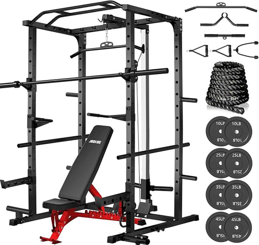 JEEKEE Power Rack with LAT Pulldown, 2000LBS Power Cage with Cable System, Multi-Function Squat Rack with J-Hooks, Safety Bars, Landmine, Pull Up Bar & Attachments for Home Gym Strength Training,Black