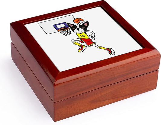 3dRose Funny Boston Terrier Playing Basketball and Slam Dunking Ball Jewelry Box 7 x 7 inch with 4 inch tile
