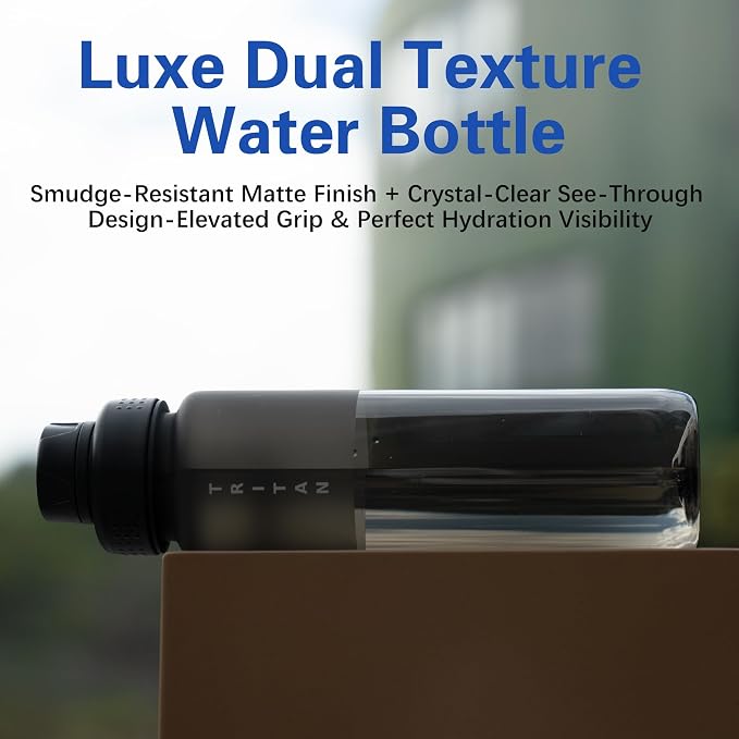 OLDLEY 32 oz Water Bottle with Handle, BPA-Free Tritan Reusable Sports Water Bottle with Leak-Proof Dust Lid, Wide Mouth, Cup Holder Friendly, Half Frosted Clear Bottle for Gym, Travel, Work,Black