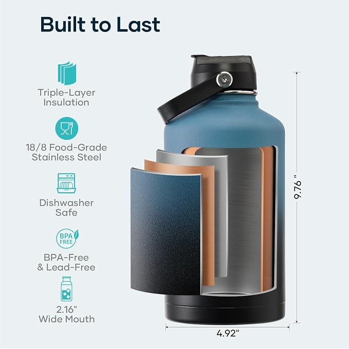 BUZIO 64 oz Insulated Stainless Steel Water Bottle with Dust-proof Lids | Half Gallon Water Jug (Dishwasher Safe), Cold for 48 Hrs, Triple Wall with Copper Plating, for Gym, Hiking, Camping, Black