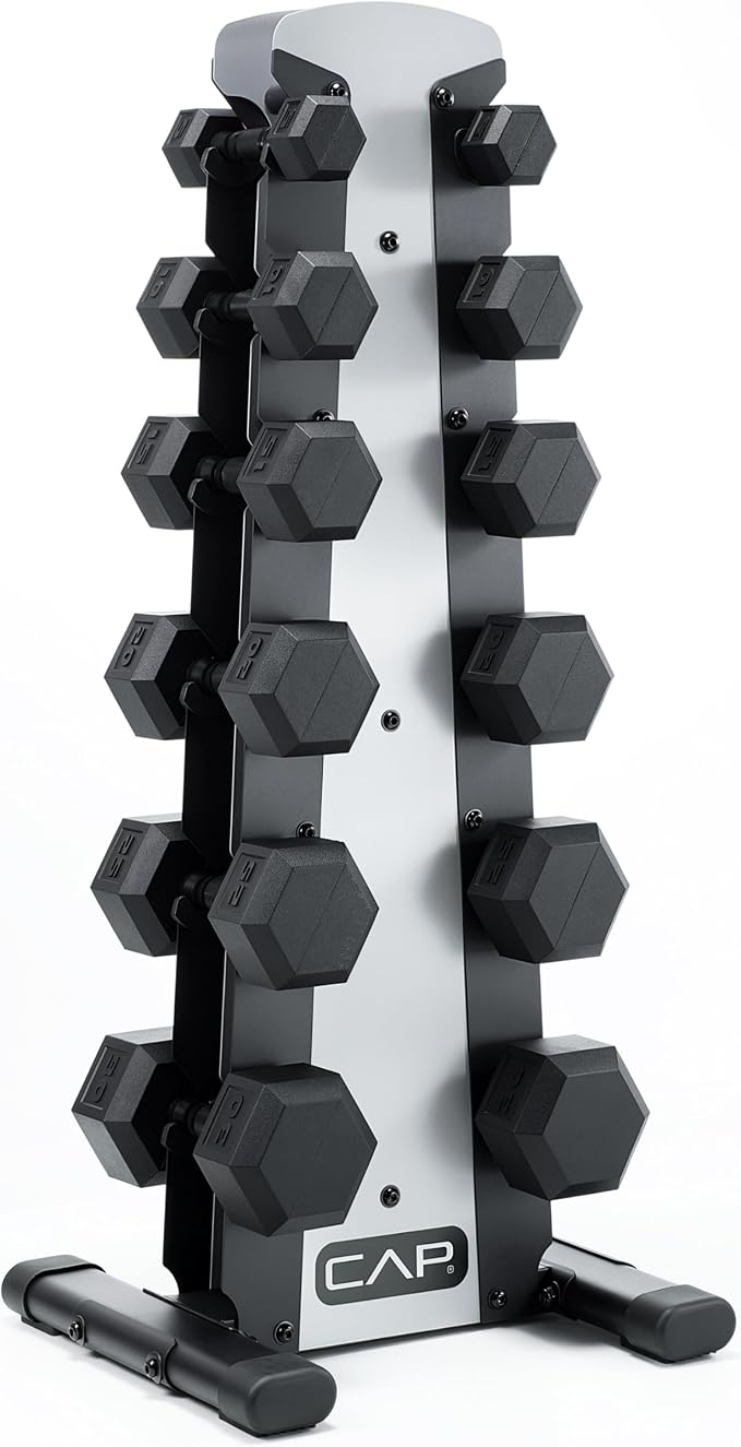 CAP Rubber Coated Hex Dumbbell Set with Storage Rack | 100–210 lb Options, Space-Saving Vertical Compact Storage for Home Gym Strength Training