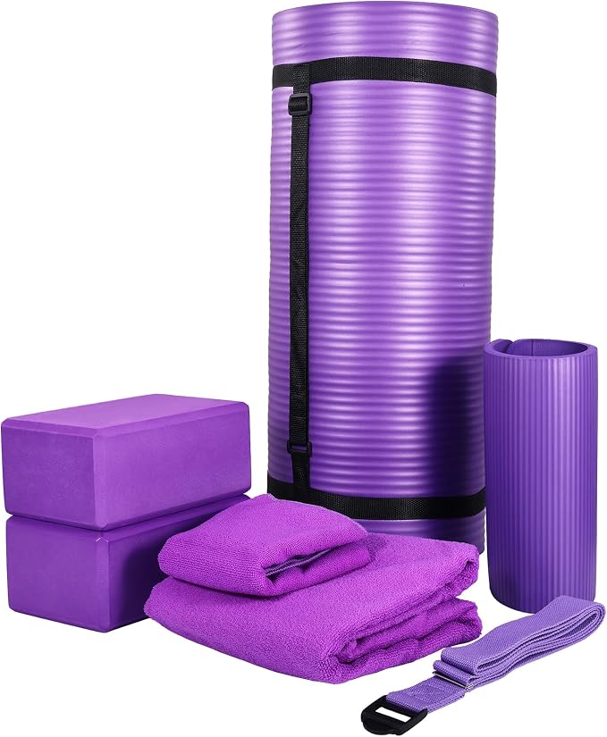 BalanceFrom 7-Piece Yoga Set with 71x24x1 Inches Extra Thick Mat and Carrying Sling – Includes 2 Blocks, Stretch Strap, 2 Towels, and Knee Pad for Home, Studio, and Gym Workouts