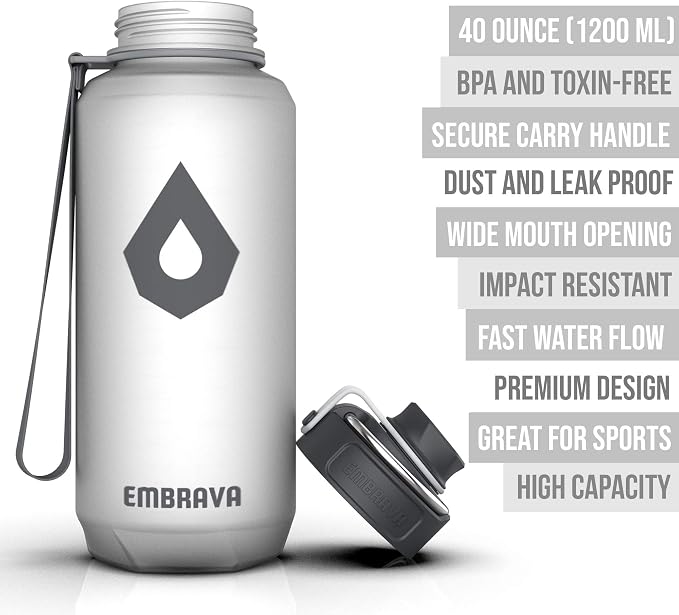 Embrava 40 oz Water Bottle - Large BPA Free Sports Bottle for Gym Hiking - Wide Mouth Leak Proof Fast Flow - Durable Reusable Tritan Plastic - Carry Ring - Sport Water Bottles for Men Women