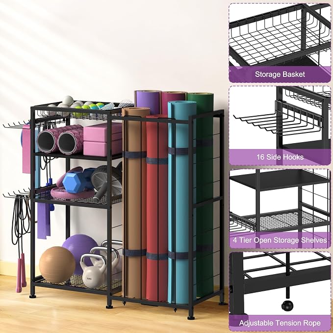 Yoga Mat Holder 4 Tier Home Gym Storage Rack with Hooks and Basket, Metal Sports Equipment Organizer for Dumbbells, Kettlebells, Exercise Balls and Sports Gear, Black