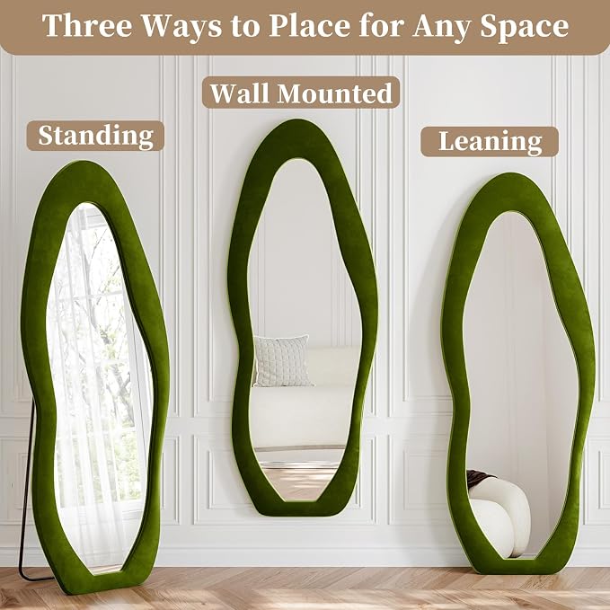 Full Length Mirror, 71"x30" Flannel Floor Mirrors with Stand | Irregular Wavy Mirror, Full Body Tempered Glass Mirror Hanging or Leaning Wall for Bedroom Living Room, Green