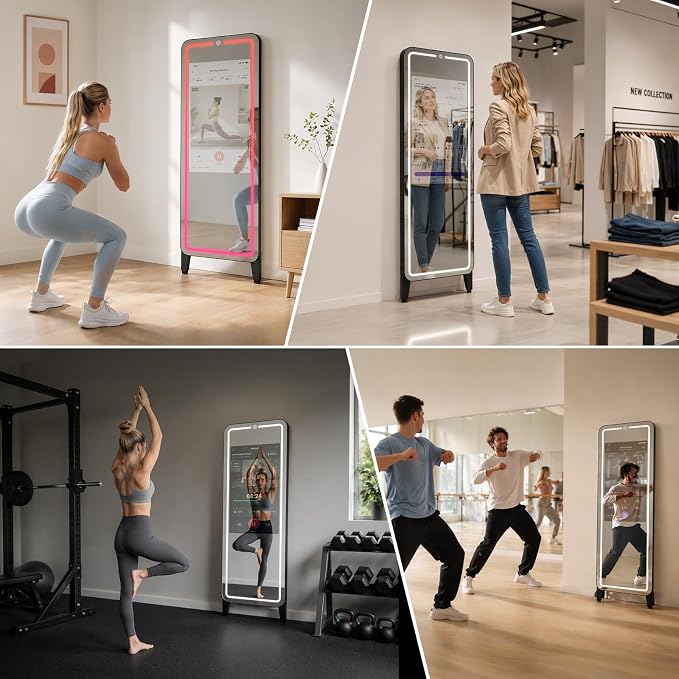 Smart Fitness Mirror for Home Gym Workout, 32" Touchscreen & Open System, No Subscription Fees, Support Fitness Apps, Wall Mount & Free Standing, Can be Used with Home Workout Equipment