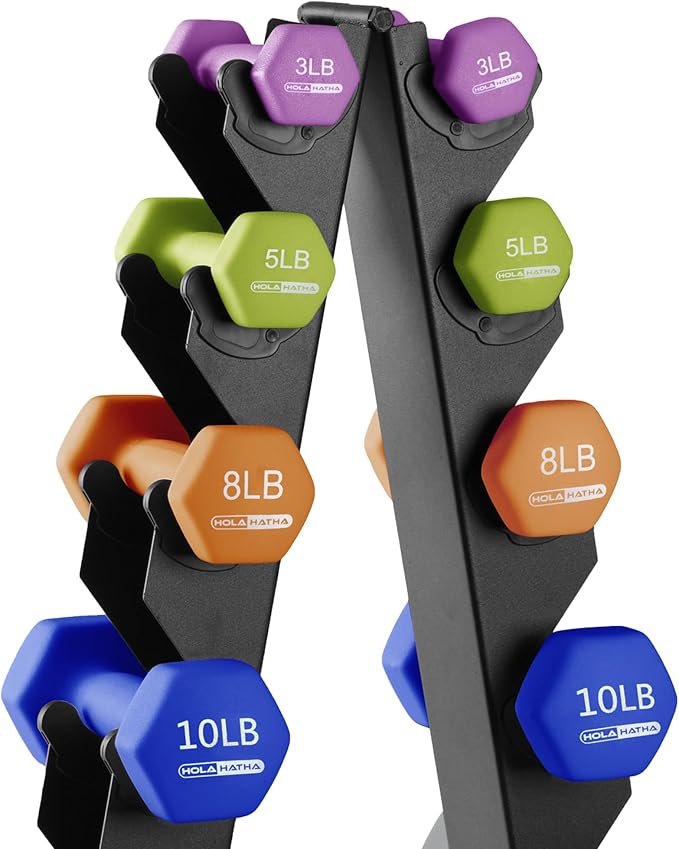 HolaHatha 1, 2 and 3 lb Neoprene Dumbbell Strength Training Weight Set with Rack