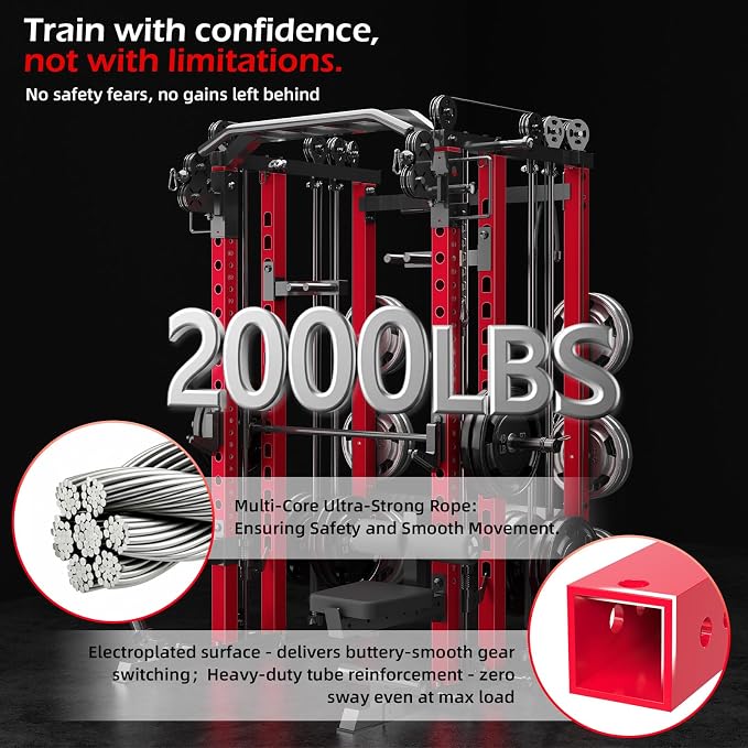 Power Rack and Smith Machine, Multi-Functional Power Cage with LAT Pulldown | All-in-One Squat Rack with Cable Pulley System, 2000LBS Weight Rack with Training Attachments for Home Gym