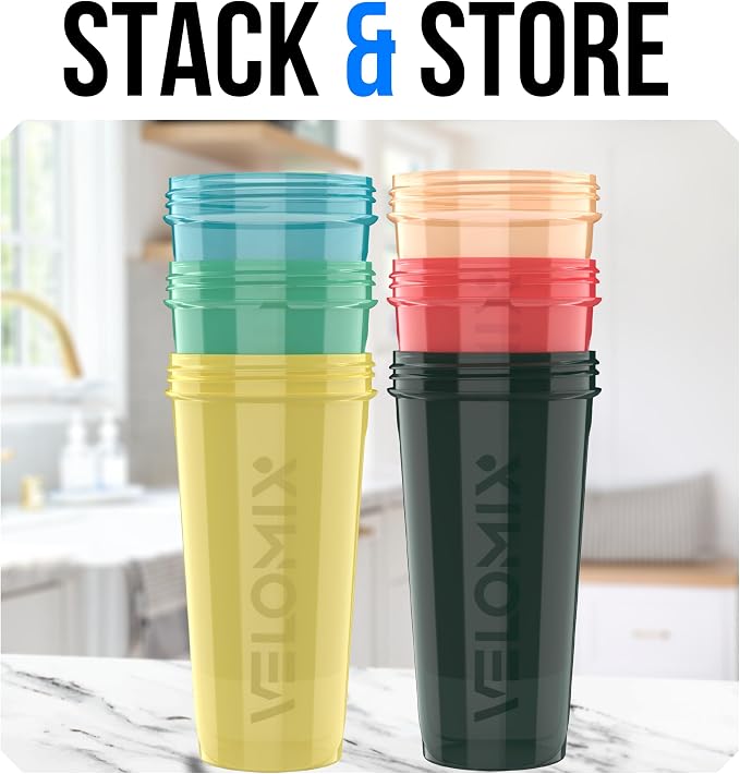 VELOMIX 6 Pack 28oz Protein Shaker Bottle for Protein Mixes, Hawai Shadows | 6x Wire Whisk, Leak Proof Shaker Cups for Protein Shakes, Stackable, Dishwasher safe, BPA free, Pre Workout and Fitness ready