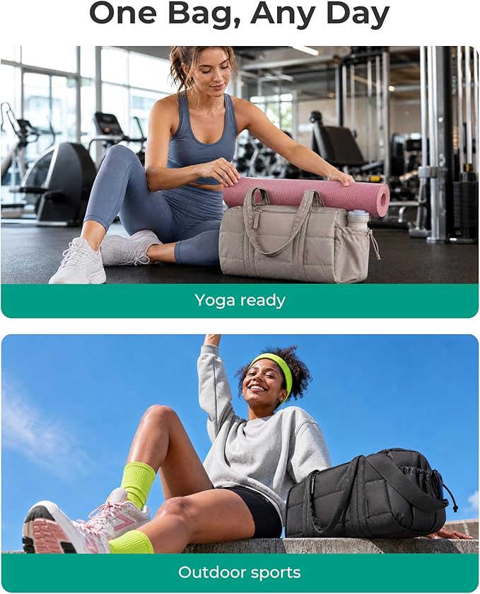 BAGSMART Reiki Gym Bag for Women Puffy Yoga Mat Travel Weekender Duffle Bag | Lint-Resistant Lining, Wet-Dry Pocket & Anti-Slip Mat Loop, Ultra-Light, Roomy for Workout Gear, Water Bottle, Travel, Sports