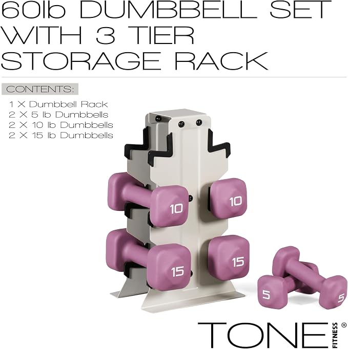 Tone Fitness Neoprene Dumbbell Set with Storage Rack – Non-Slip, Anti-Roll Hand Weights for Home Gym Workouts | 20 lb, 32 lb, 50 lb, 60 lb & 100 lb Options