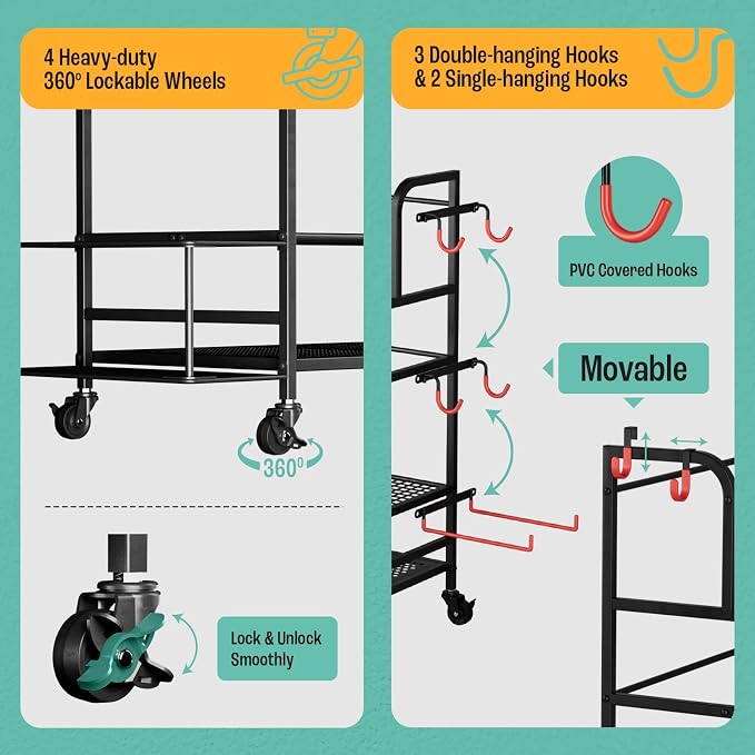 Yes4All Dumbbell Rack, Weight Rack for Home Gym, Sports Equipment Organizer for Dumbbells Kettlebells Yoga Mat Foam Roller and Balls, All in One Gym Workout Storage with Wheels and Hooks, Black