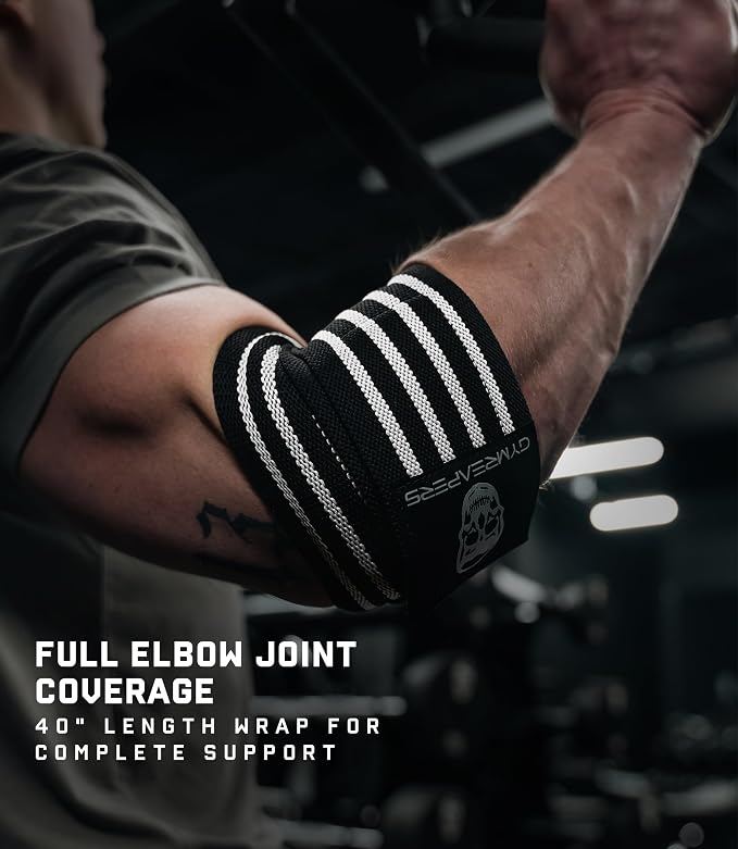 Gymreapers Weightlifting Elbow Wraps (1 Pair) - Flexible 40'' Elbow Compression Strap & Joint Support Brace - for Bench Press, Powerlifting, and Pressing