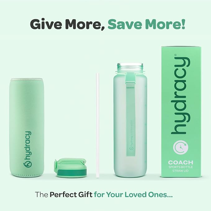 Hydracy Motivational Water Bottle with Time Marker and Straw Lid 32 oz | Leakproof,BPA Free,No Sweat Neoprene Sleeve,Carry Strap,Daily Intake Tracking for Fitness & Outdoors