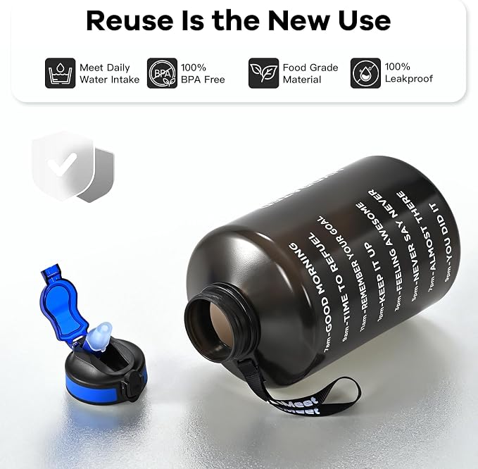 WEMEET 128oz Water Bottle with Time Marker, BPA Free, 1 Gallon Motivational Sports Water Bottle with Straw, for Sports, Outdoor Activities, Fitness Enthusiasts (Black)
