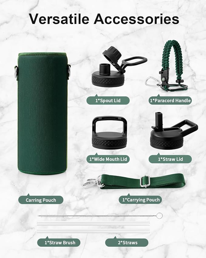 Trebo Water Bottle Insulated 40 oz with 3 Lids, Paracord Handle & Sleeve | Stainless Steel Flask Vacuum, Triple Wall Copper Plated, Dishwasher Safe, Keeps Cold 48Hrs for Hiking, Gym, Wide Mouth