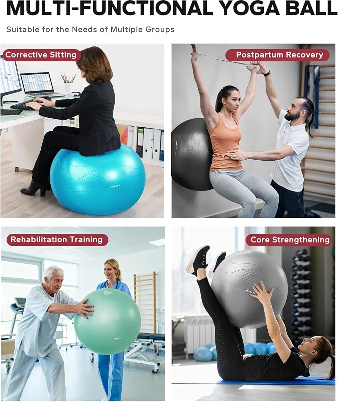 HAPBEAR Exercise Ball- Anti-Burst Slip-Resistant Yoga/Pilates Ball for Core Training & Posture Improvement, Home Gym/Rehab/Pregnancy Ball, Quick Pump & 3 Resistance Bands Included