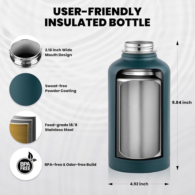 RAYMYLO Insulated Water Bottle 64 oz, Triple Wall Vacuum Stainless Steel | (Cold for 48 Hrs), Leak Proof & Non-BPA, Half Gallon Water Flask Jug with Paracord Handle & Straw Spout Lids, Dark Green