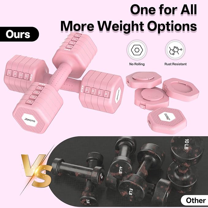 JOROTO 5-in-1 Adjustable Dumbbell Set, 8LB/11LB Pair Adjustable Weights for Women at Home, 1s-Adjust Dual Locking Stable Hand Weights with TPE Soft Handle, Home Gym, Rehab, Pilates, Yoga, Strength Training
