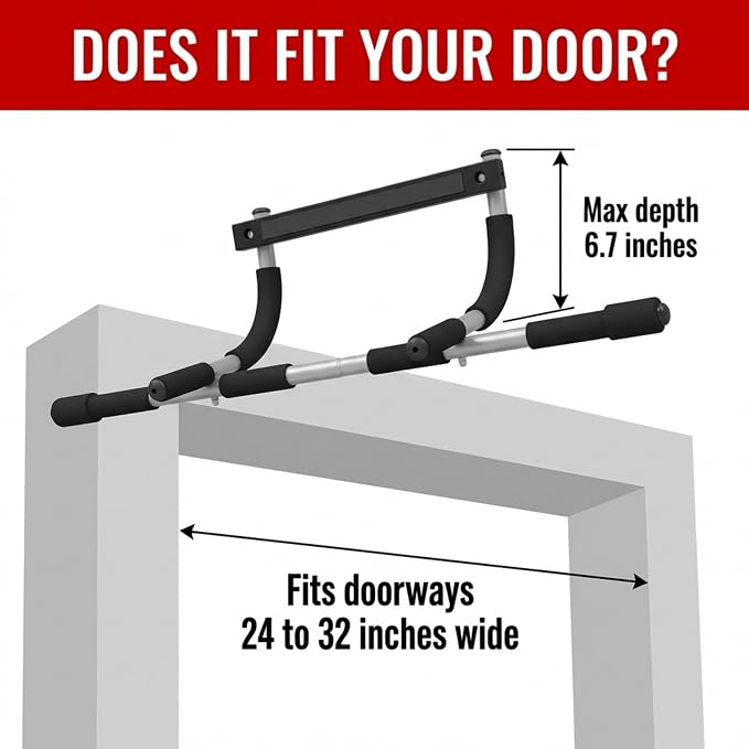 Iron Chin Up & Pull Up Bar Gen. 1, Heavy Duty Doorway Pull Up Bar with 9 Grip Positions, No Screws, Fits 24"-36" Doorways, Supports 440 lbs, Home Gym Equipment for Upper Body Strength