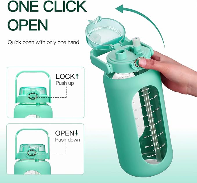 chunmo 42oz/52oz/64oz Glass Water Bolttles with Straw Half Gallon Large Motivational Water Bottle with Time Marker Sports Water Bottles with Silicone Sleeve and Handle Lid Water Jug for Gym Workout