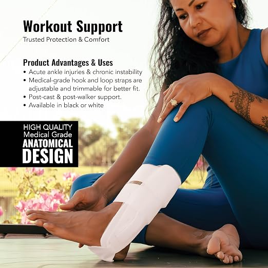 AnklePro Air Cushion Stirrup Ankle Stabilizer Brace - Removable Cold Therapy 3-Strap Rigid Stirrup Ankle Splint w/Gel Pad for Women & Men - Lateral Support for Stability, Black, Small