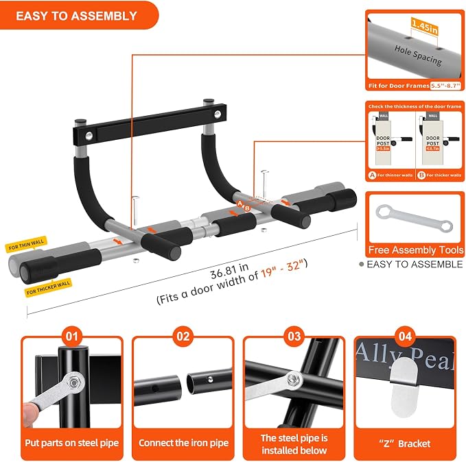 Ally Peaks Pull Up Bar for Doorway | Thickened Steel Max Limit 440 lbs Upper Body Fitness Workout Bar| Multi-Grip Strength for Doorway | Indoor Chin-Up Bar Fitness Trainer for Home Gym Portable |180