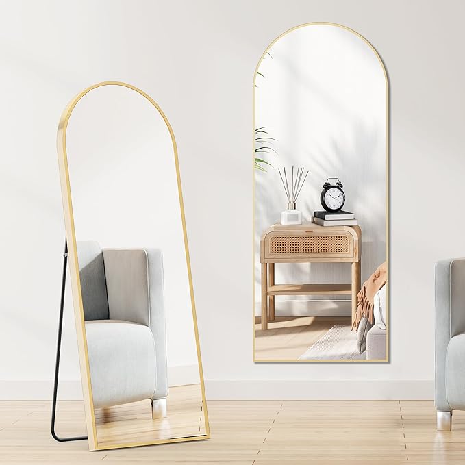 OLIXIS 64"x21.5" Arched Full Length Mirror with Stand, Body Mirror | Shatter-Proof Glass, Hanging or Leaning for Wall, Floor Standing, Bedroom Living Room, Long, Gold