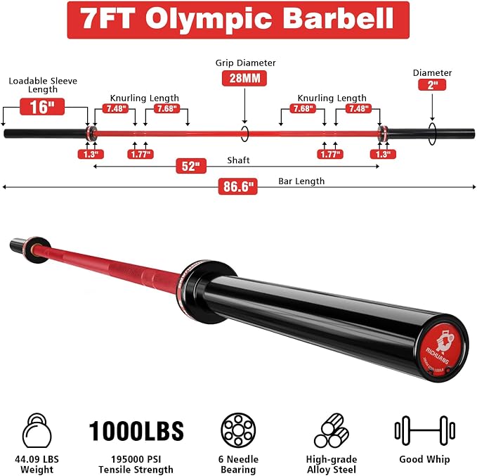 7ft Olympic Barbell 28mm 45lb – 500/700/1000LB Bar for Home Gym | Ceramic coated steel. Smooth spinning sleeves. Fits 2" plates. For snatch, clean and jerk, squats, deadlifts, bench press.