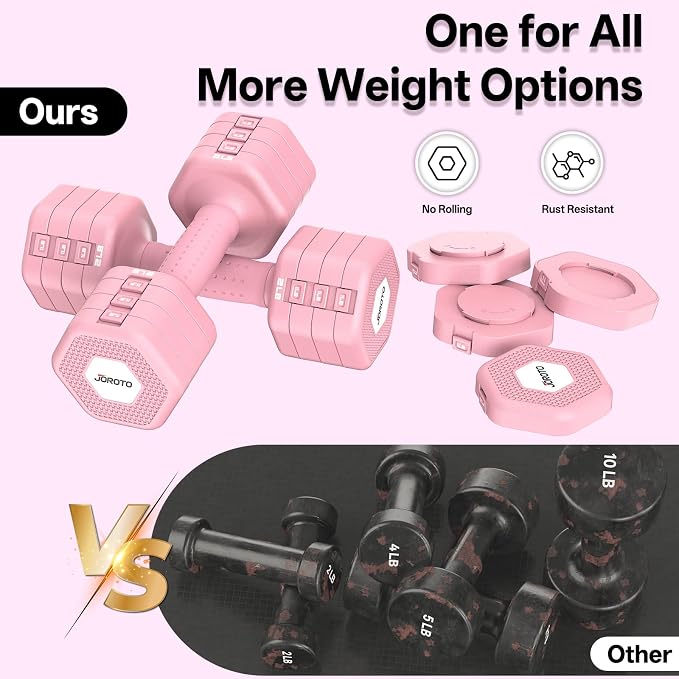 JOROTO 5-in-1 Adjustable Dumbbell Set, 8LB/11LB Pair Adjustable Weights for Women at Home, 1s-Adjust Dual Locking Stable Hand Weights with TPE Soft Handle, Home Gym, Rehab, Pilates, Yoga, Strength Training