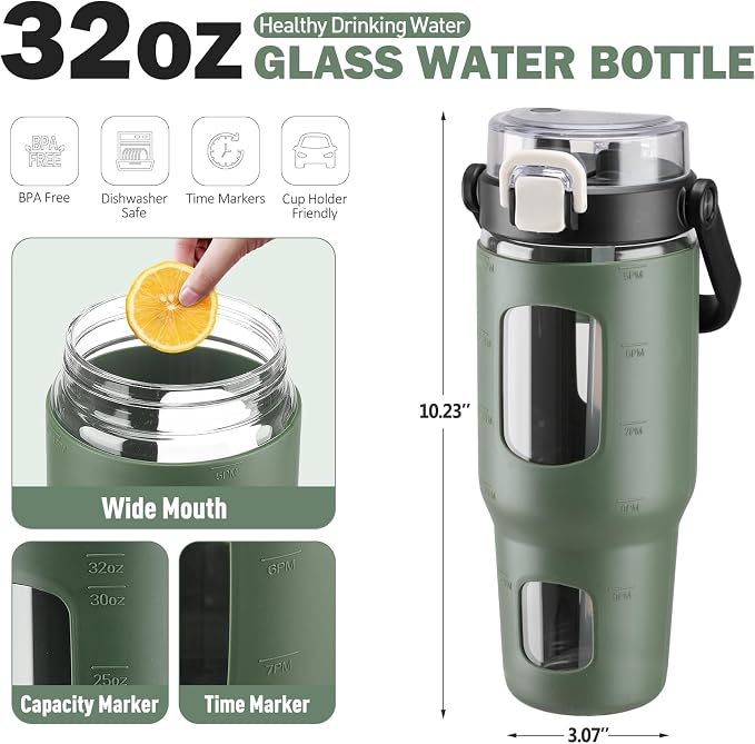 BLUEGO 32oz Glass Water Bottles with Straw Time Marker Half Gallon Large Motivational Water Bottle with Silicone Sleeve 2 Liter Large Glass Water Jug for Gym, Sports& Workout, Daily, Olive