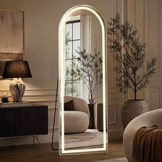 Arched Full Length Mirror with LED Lights, 60"x16" LED Floor Mirror with Stand, Body Floor Mirrors with Dimming & 3 Color Lighting, Wall Mounted LED Mirrors for Bedroom, Dressing Room, Cloakroom