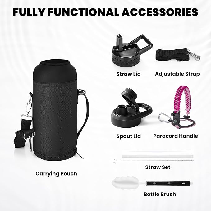 RAYMYLO Insulated Water Bottle 32 oz, Triple Wall Vacuum Stainless Steel | (Cold for 24Hrs, Hot for 12Hrs), Leak Proof & Non-BPA, Modern Water Flask Jug with Paracord Handle & Straw Spout Lids